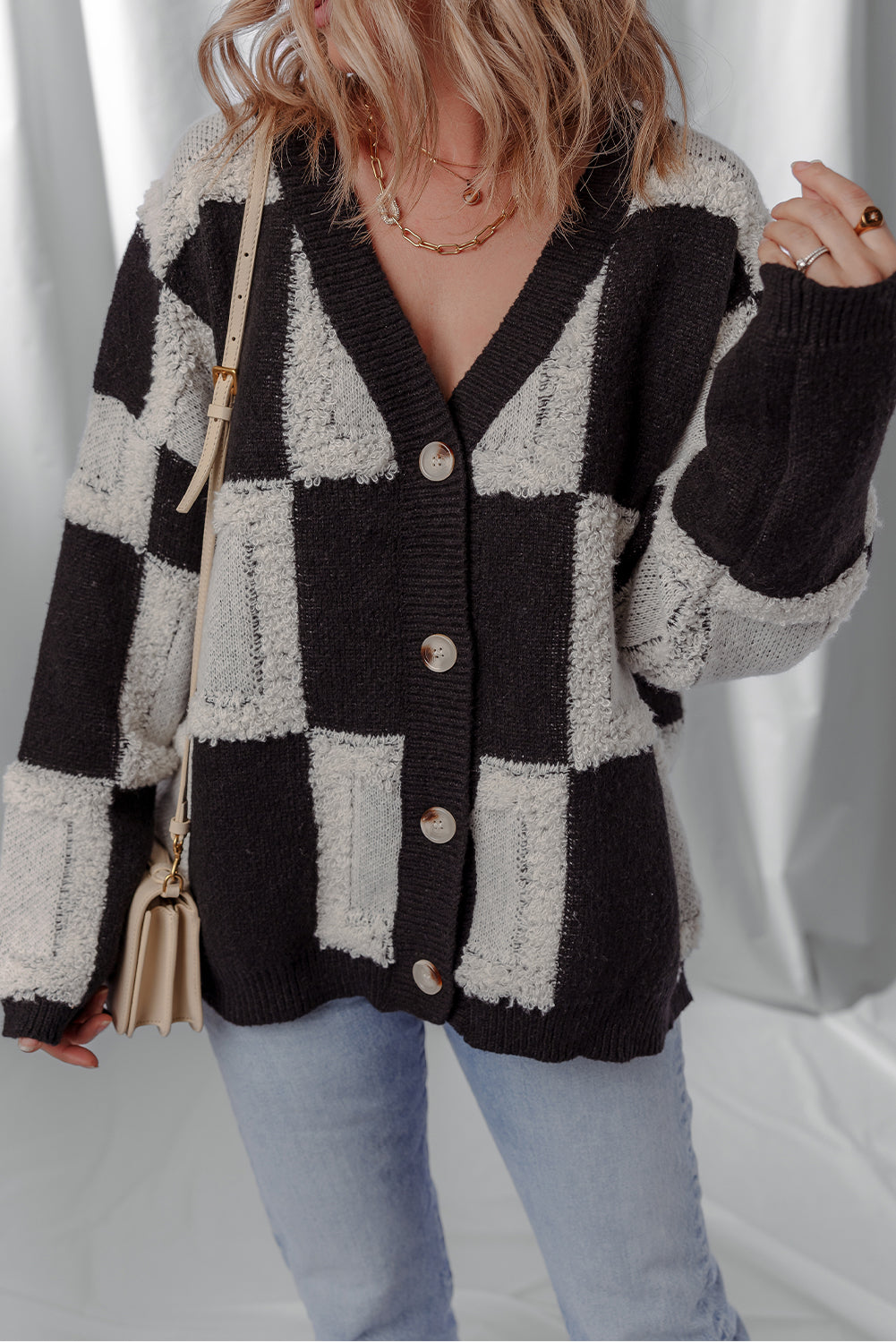 Black Button Front V Neck Checkered Pattern Knit Sweater Cardigan
