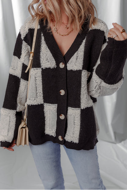 Black Button Front V Neck Checkered Pattern Knit Sweater Cardigan
