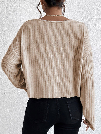 Beige Ribbed Knit Top with Lettuce Cuffs