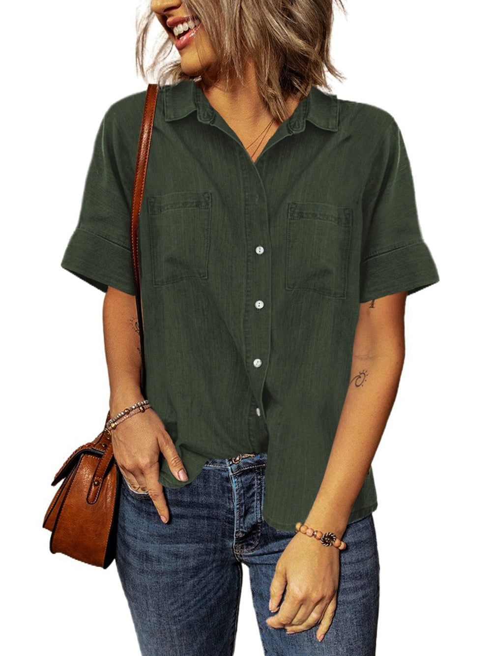 Green Casual Denim Shirt with Boyfriend Style