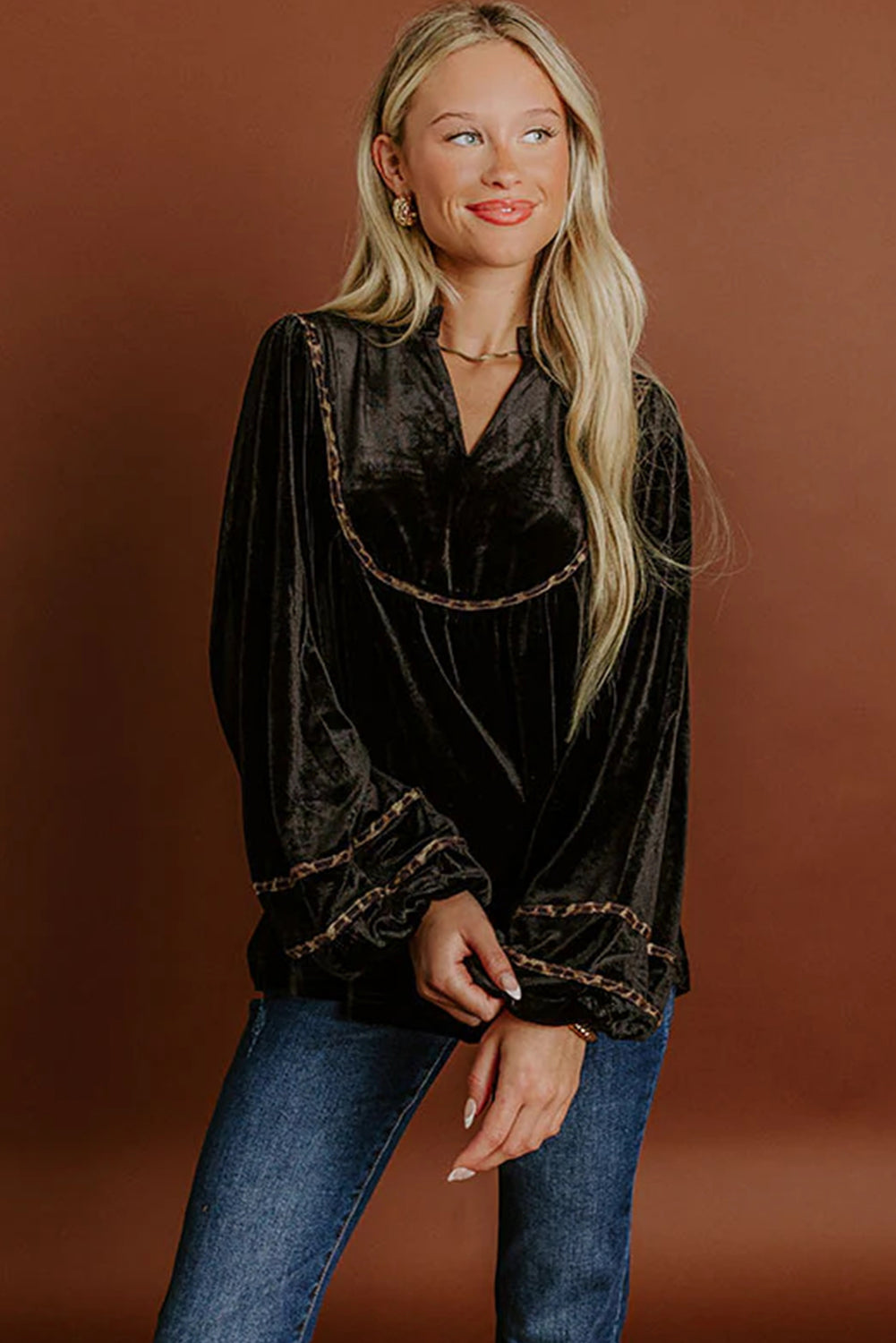 Black Velvet Notched Neck Leopard Trim Long Puff Sleeve Top
