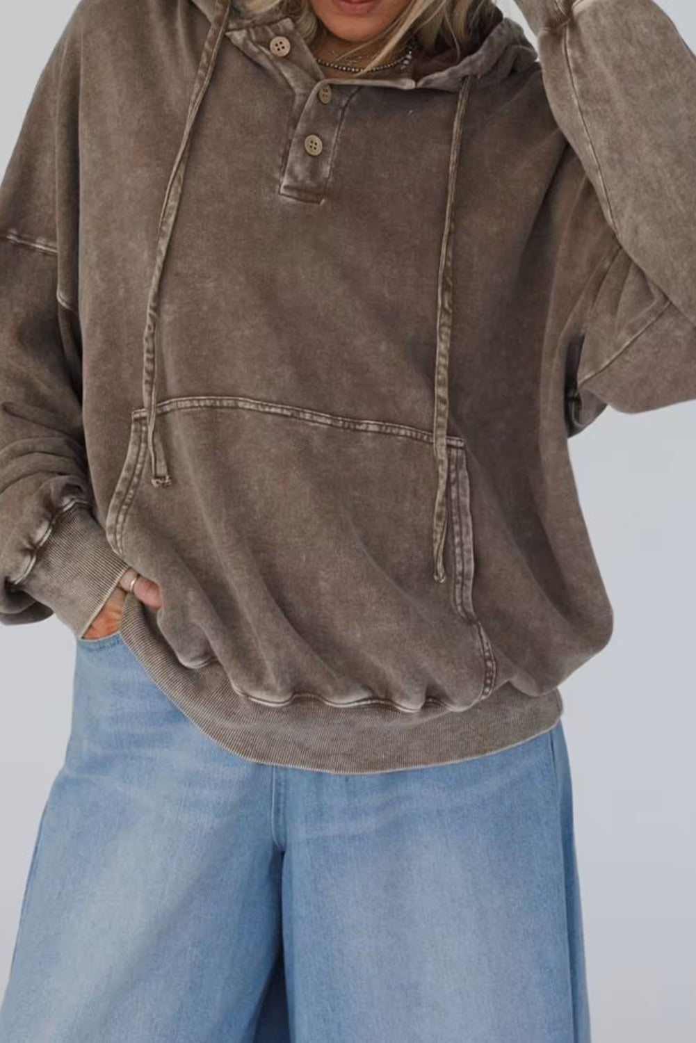 Dark Brown Mineral Wash Button Drawstring Neck Hooded Sweatshirt