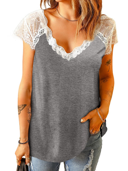 Gray Knit Lace Detail Cap Sleeve Top