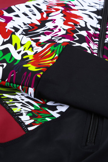 Flaming Red Blossom Striped Patchwork Rashguard One-piece Swimwear