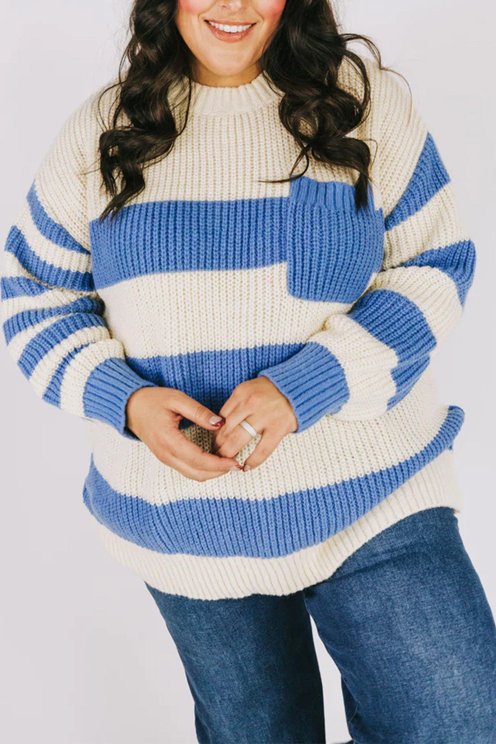 Sky Blue Stripe Plus Size Round Neck Patch Pocket Drop Shoulder Sweater