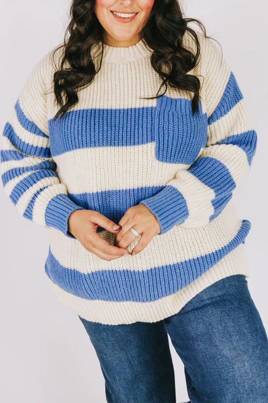 Sky Blue Stripe Plus Size Round Neck Patch Pocket Drop Shoulder Sweater