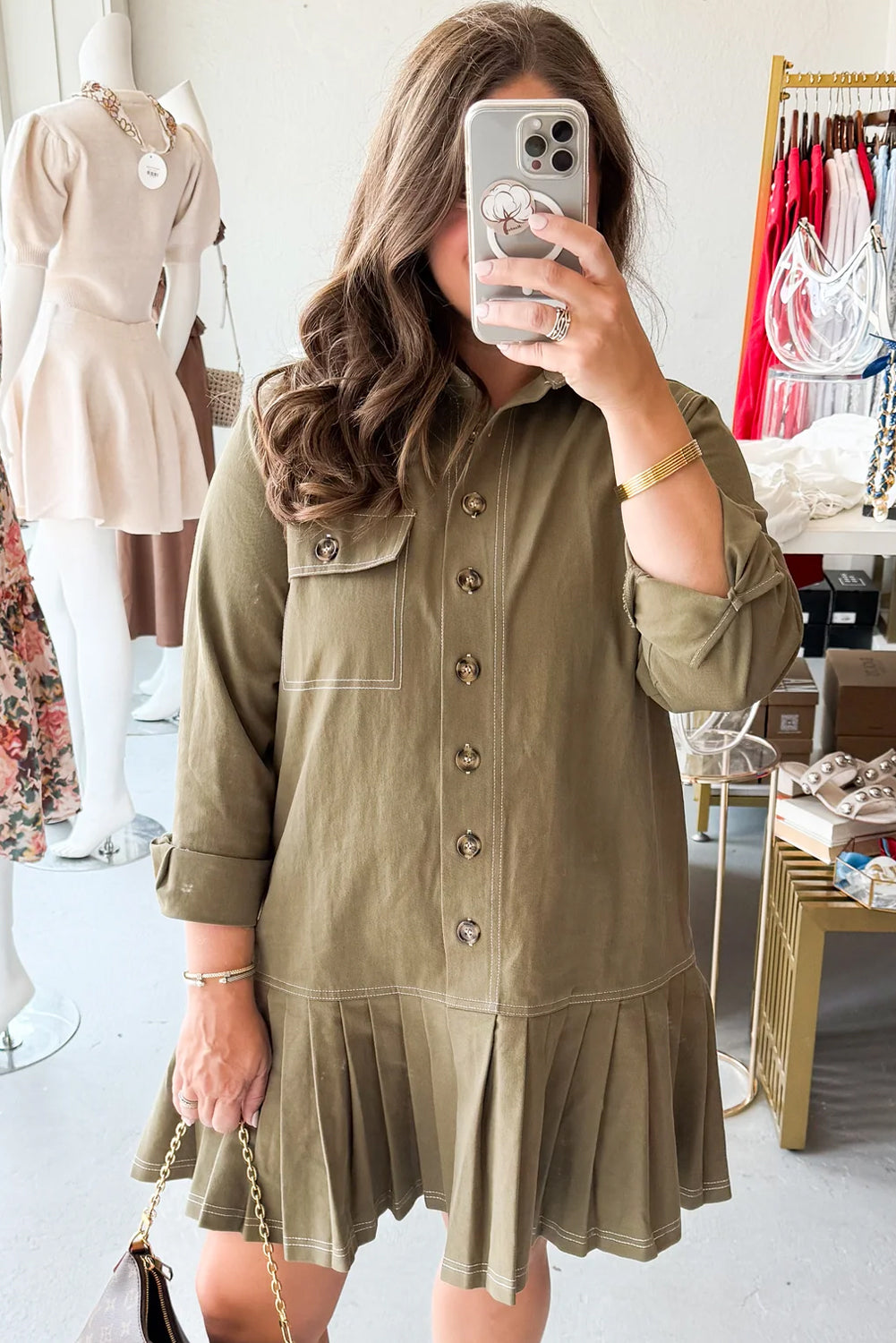 Jungle Green Plus Size Shirt Collar Buttoned Pleated Hem Mini Dress