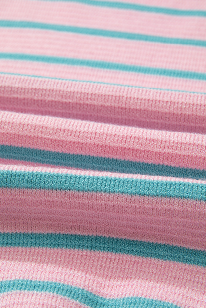 Pink Stripe Trimmed Round Neck Drop Shoulder Loose Sweater