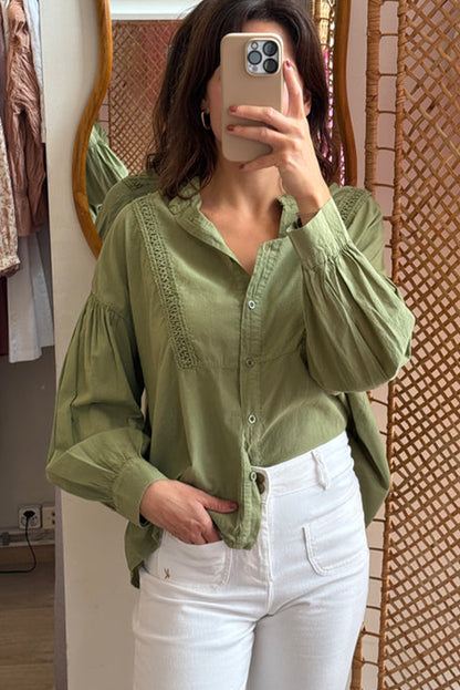 Grass Green Drop Shoulder Puff Sleeve Lace Detail Button Down Shirt