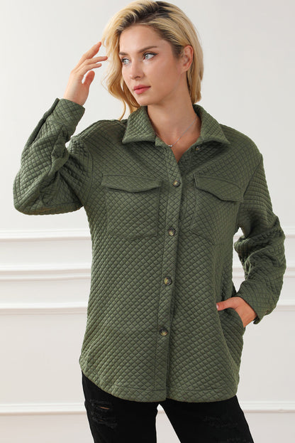 Green Vintage Quilted Flap Pocket Button Shirt Jacket