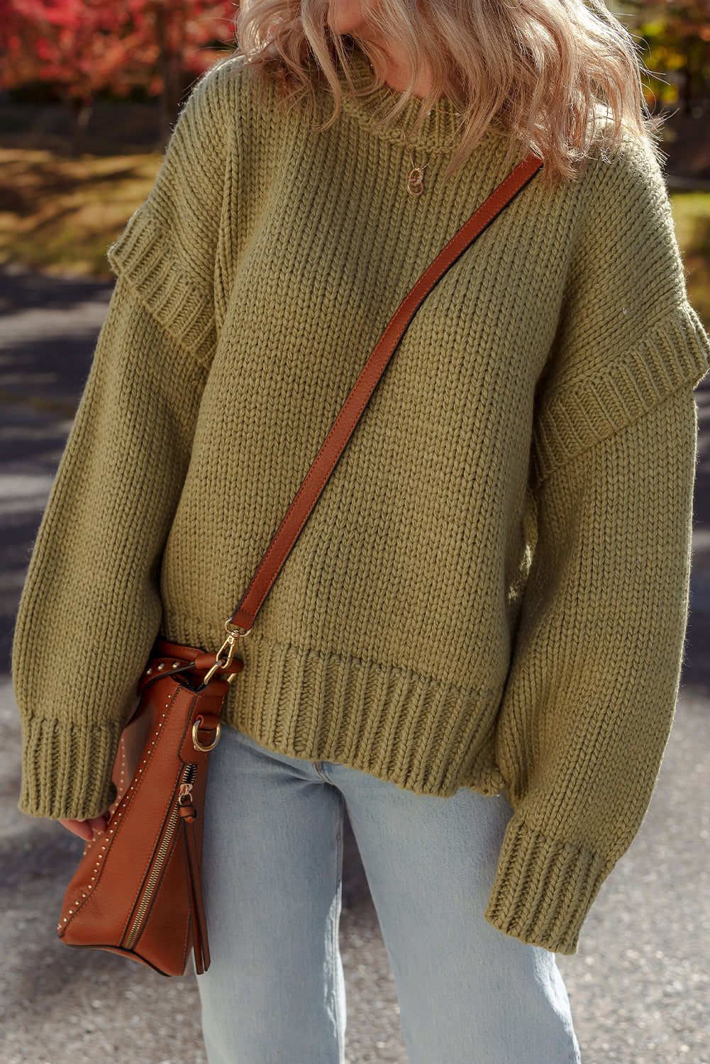 Guacamole Green Solid Color Ruffled Chunky Loose Sweater