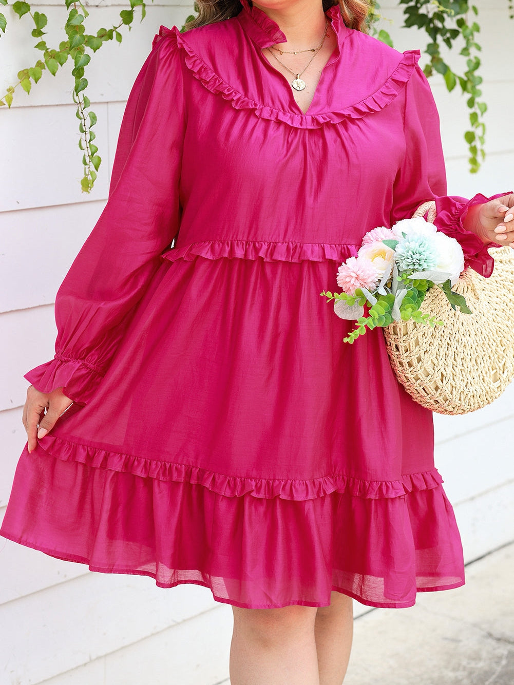 Rosy V-Neck Ruffle Detail Plus Size Shift Dress