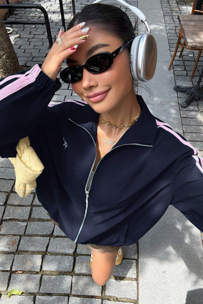 Dirty blue Bow Embroidered Detail Zip Up Sweatshirt Womens Jacket