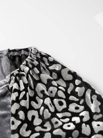 Grey Leopard Velvet Lantern Sleeve Blouse