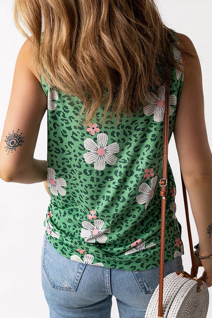 Green Striped Floral Colorblock Tank Top
