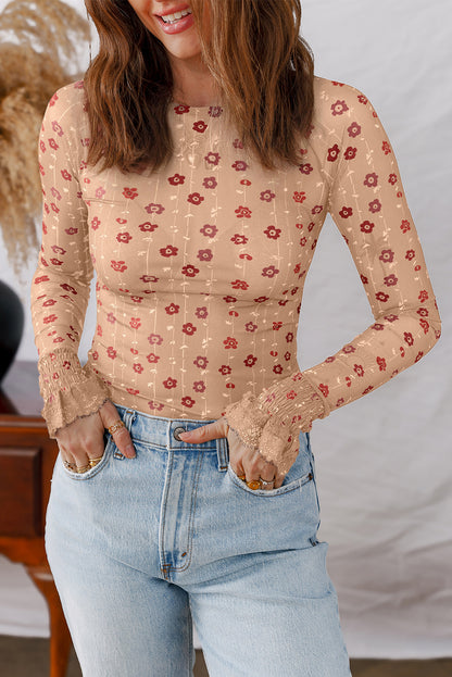 Apricot Floral Print Smocked Cuff Slim Fit Mesh Bodysuit