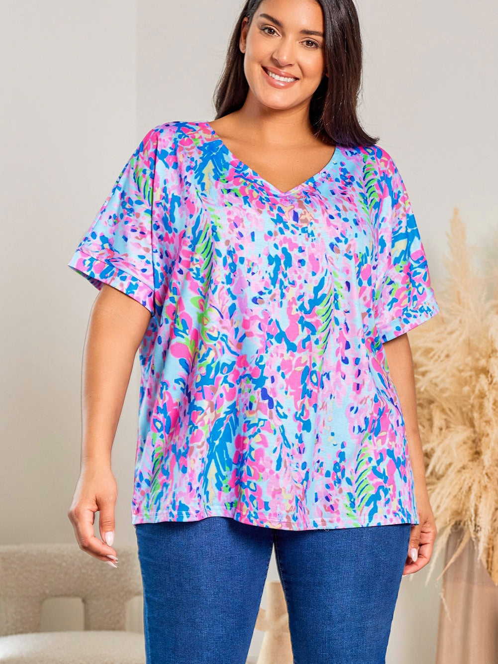 Sky Blue Floral Print Ruffle Sleeve Plus Size V Neck Top