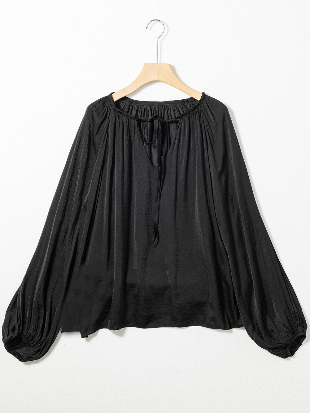 Elegant Black Satin V Neck Pleated Puff Sleeve Blouse