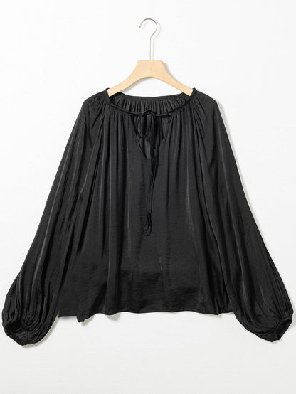 Elegant Black Satin V Neck Pleated Puff Sleeve Blouse