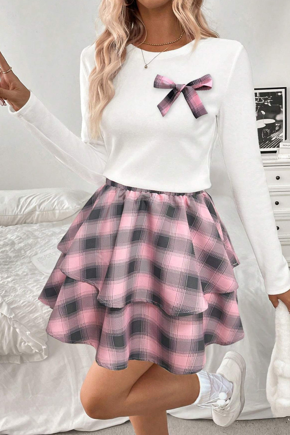 Pink Long Sleeve Tee Plaid Bow Decor Ruffle Mini Skirt 2pcs Set