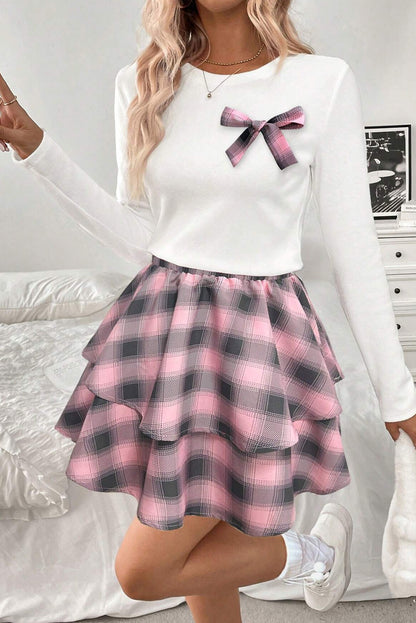 Pink Long Sleeve Tee Plaid Bow Decor Ruffle Mini Skirt 2pcs Set