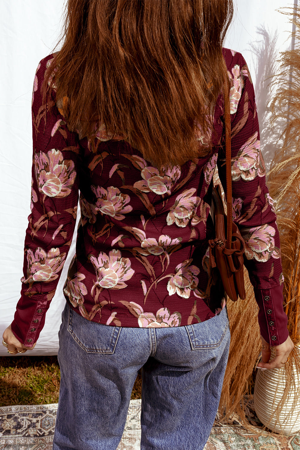 Red Floral Print Waffle Textured Long Sleeve Top