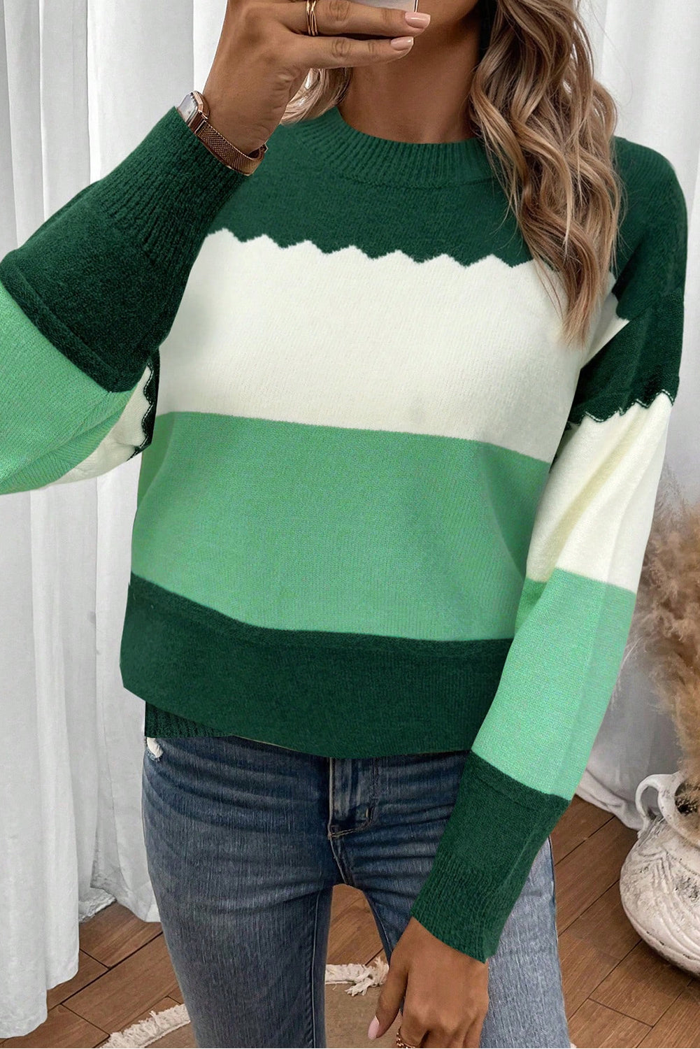 Green Colorblock Crew Neck Drop Shoulder Sweater