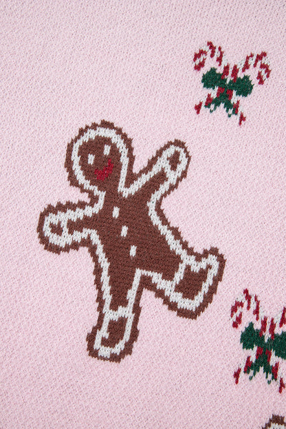 Pink Christmas Ginger Bread Man Print Round Neck Casual Sweater