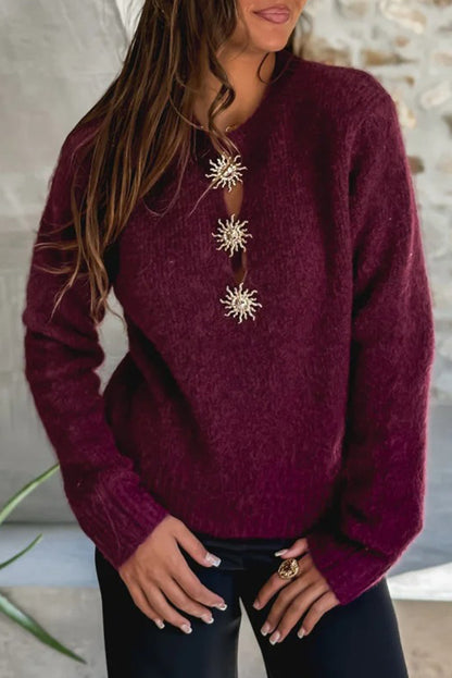 Red Dahlia Solar Button Neck Womens Casual Sweater