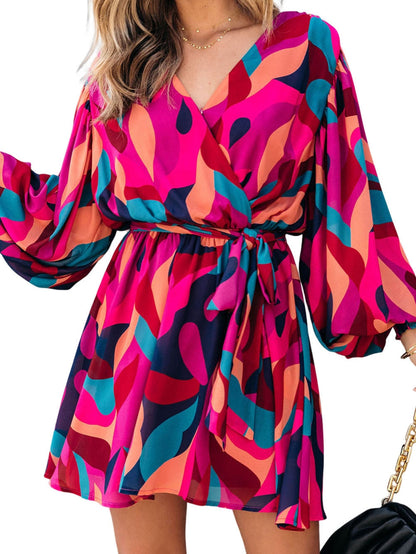 Lapel Print Lace-Up Long Sleeve Dress