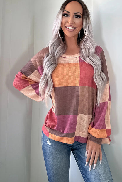 Rose Red Checkered Print Textured Knit Long Sleeve Loose Top