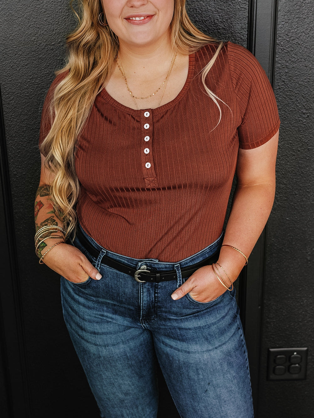 Chestnut Plus Size Ribbed Knit Henley Tee