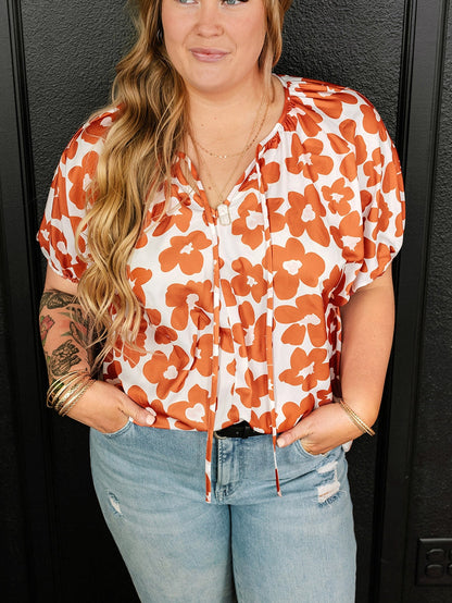 Orange Floral Print Plus Size V Neck Short Sleeve Blouse with Drawstring