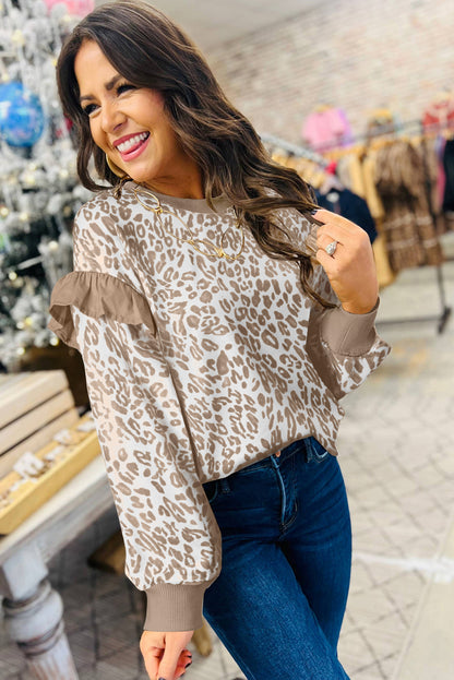 Khaki Leopard Ruffle Detail Ribbed Trim Round Neck Sweatshirt