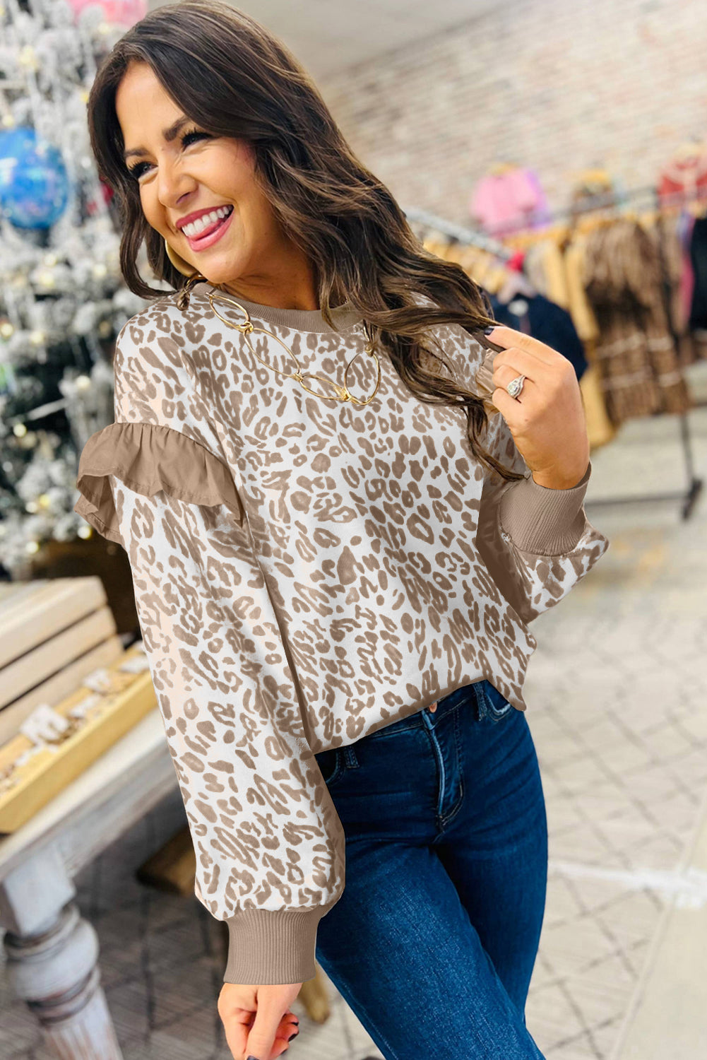 Khaki Leopard Ruffle Detail Ribbed Trim Round Neck Sweatshirt