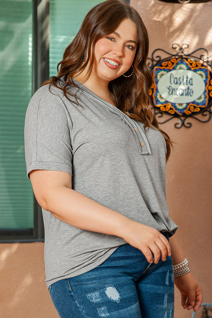 Chic Gray V Neck Batwing Sleeve Plus Size Top