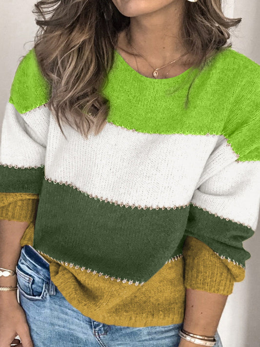 Cozy Green Color Block Plus Size Knit Sweater
