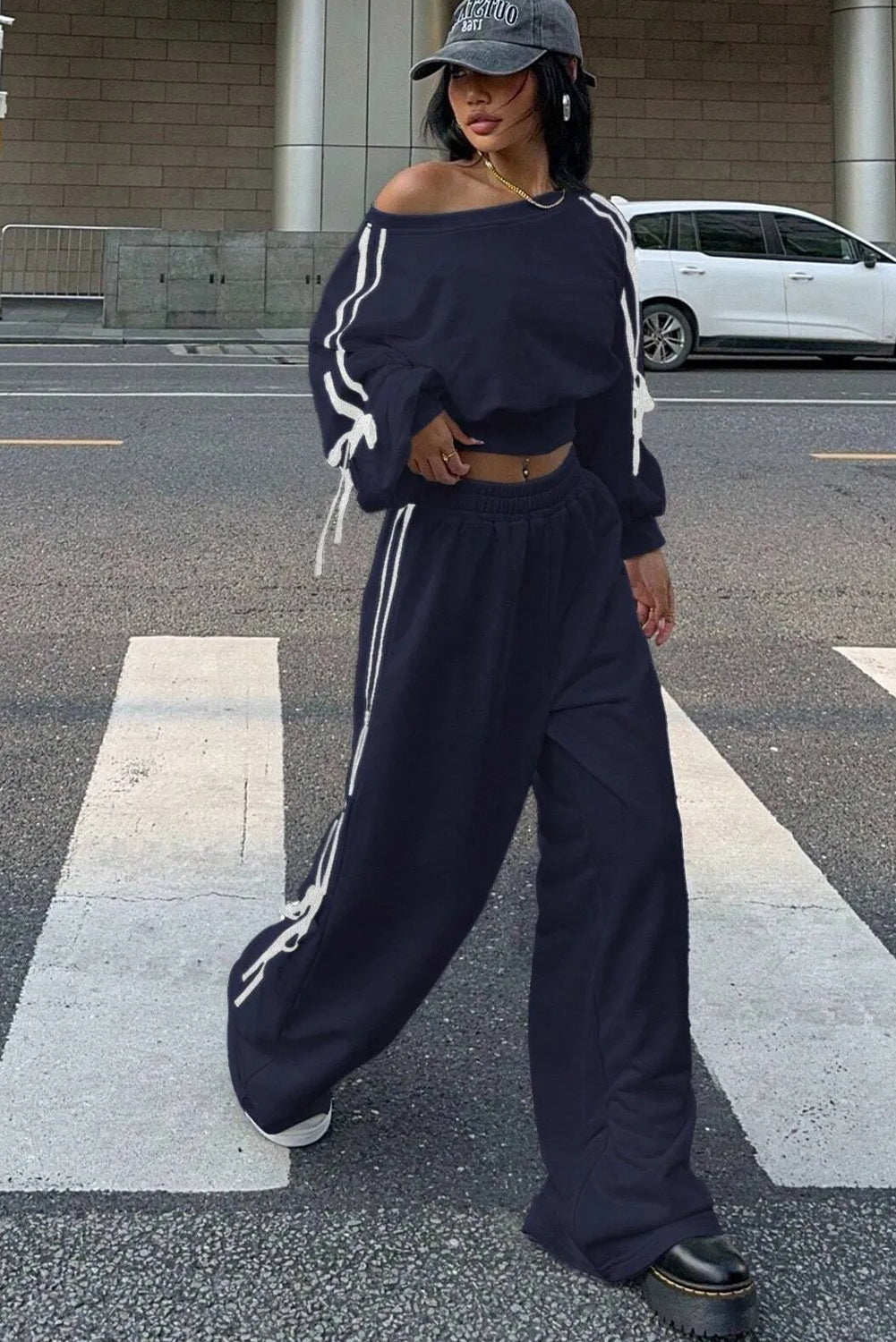 Navy Blue Varsity Striped Bow Knot Detail Cropped Top Elastic Waist Pull On Loose Pant Set