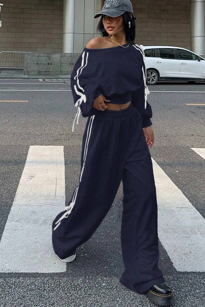 Navy Blue Varsity Striped Bow Knot Detail Cropped Top Elastic Waist Pull On Loose Pant Set