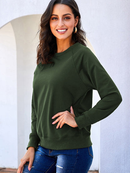Green Crew Neck Long Sleeve Sweatshirt with Distressed Detail