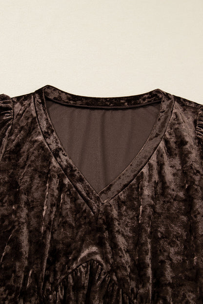 Coffee Plus Size Velvet Babydoll Mini Dress with Puff Sleeve