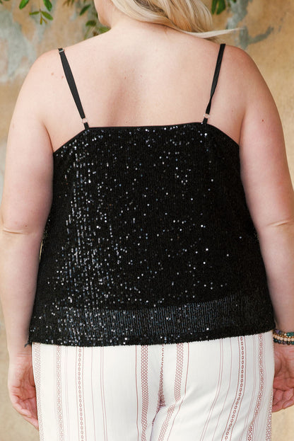Shimmering Black Drape Neck Sequin Plus Size Top