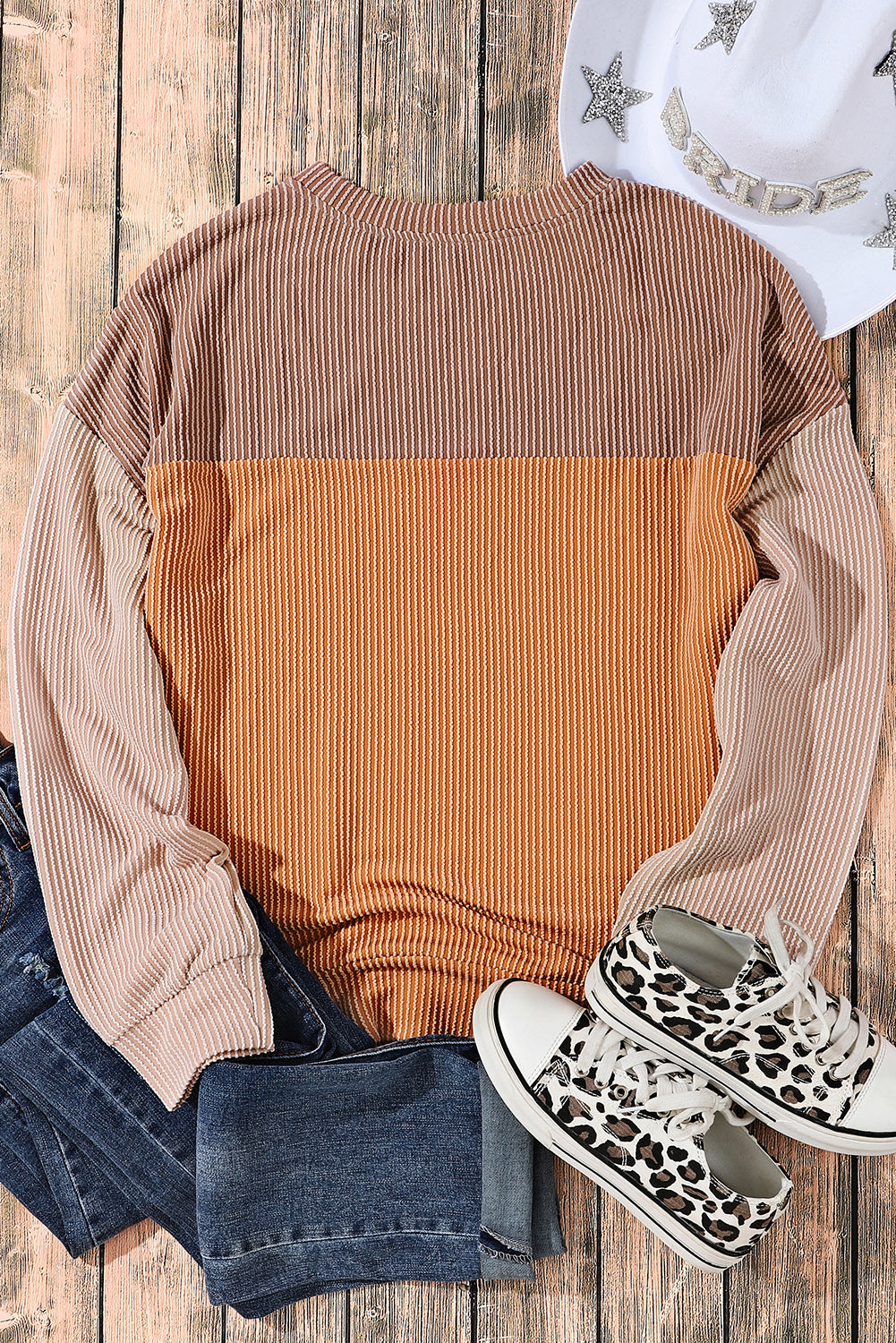Khaki Color Block Ribbed Top with Long Sleeves