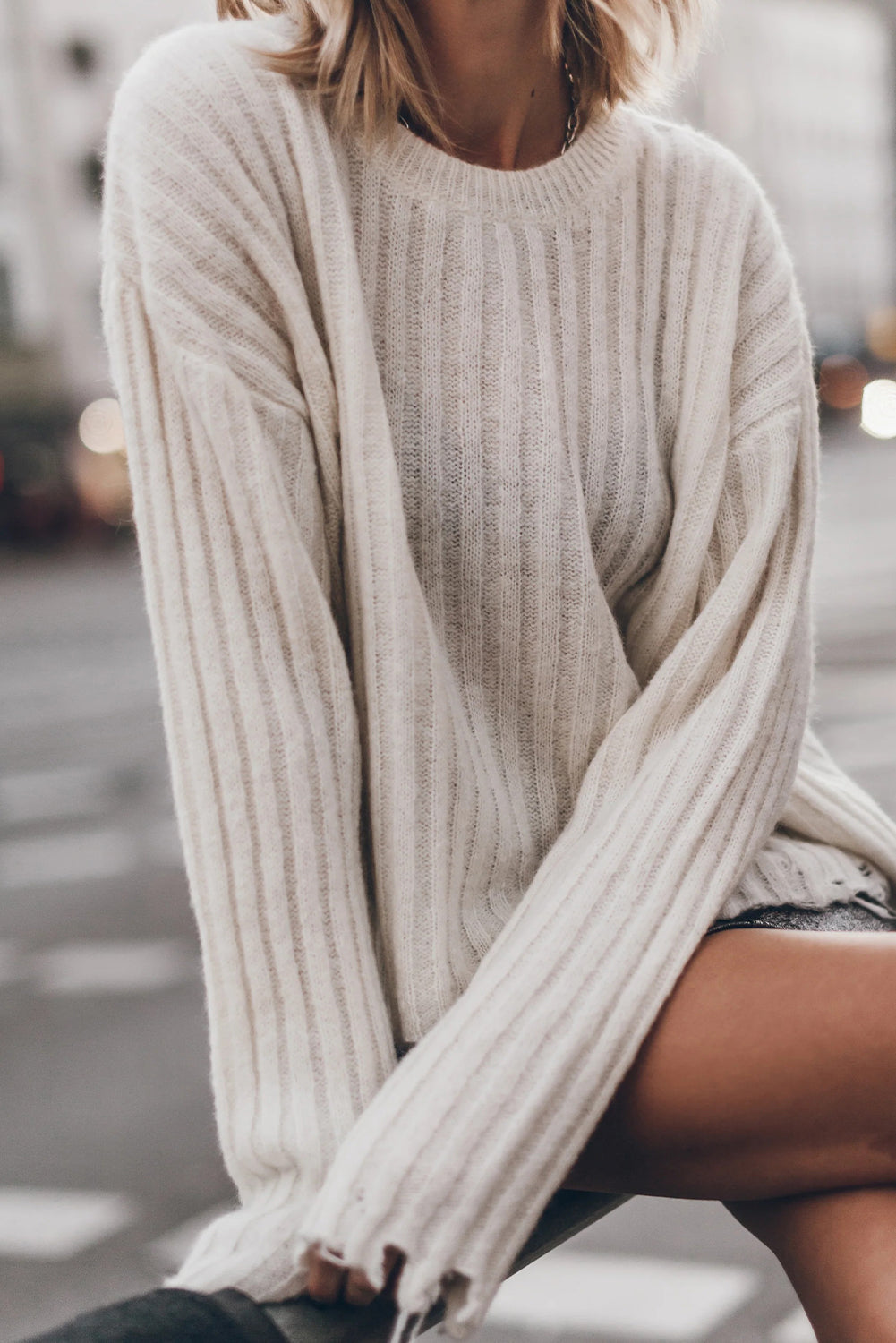 Jet Stream Ribbed Knit Raw Edge Distressed Slouchy Sweater