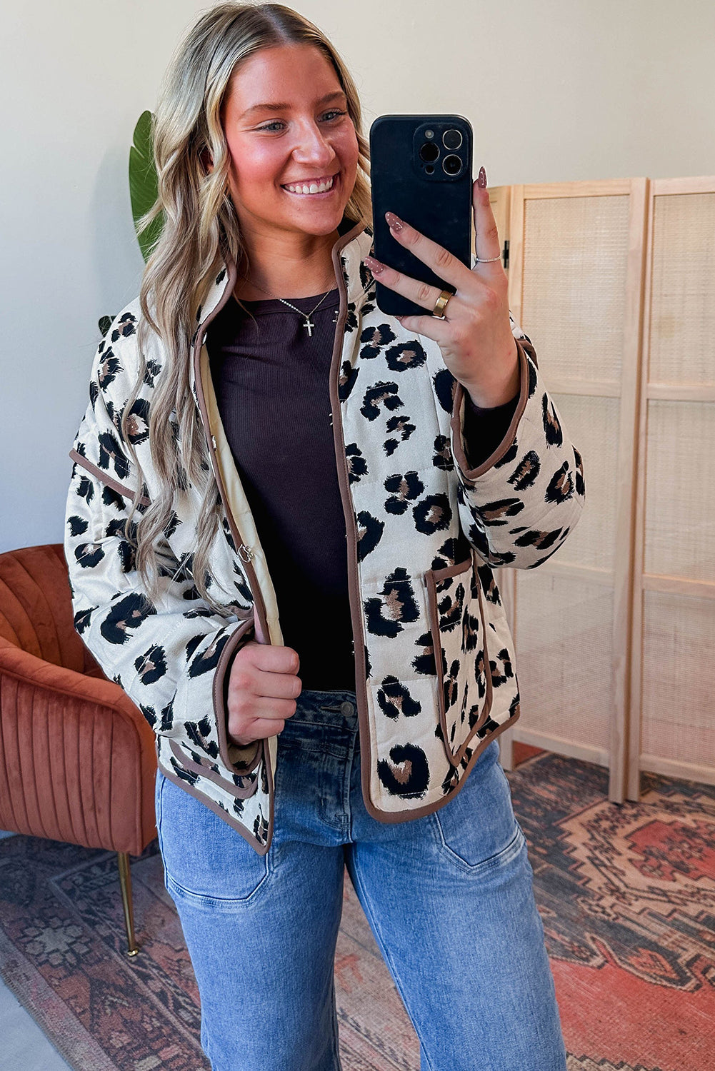 Khaki Leopard Quilted Contrast Trim Winter Jacket