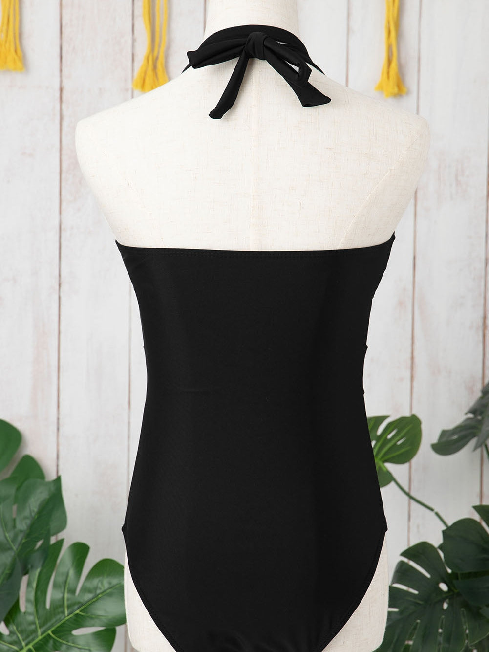 Black Mesh Crisscross Halter One-Piece Swimsuit with Sheer Inserts