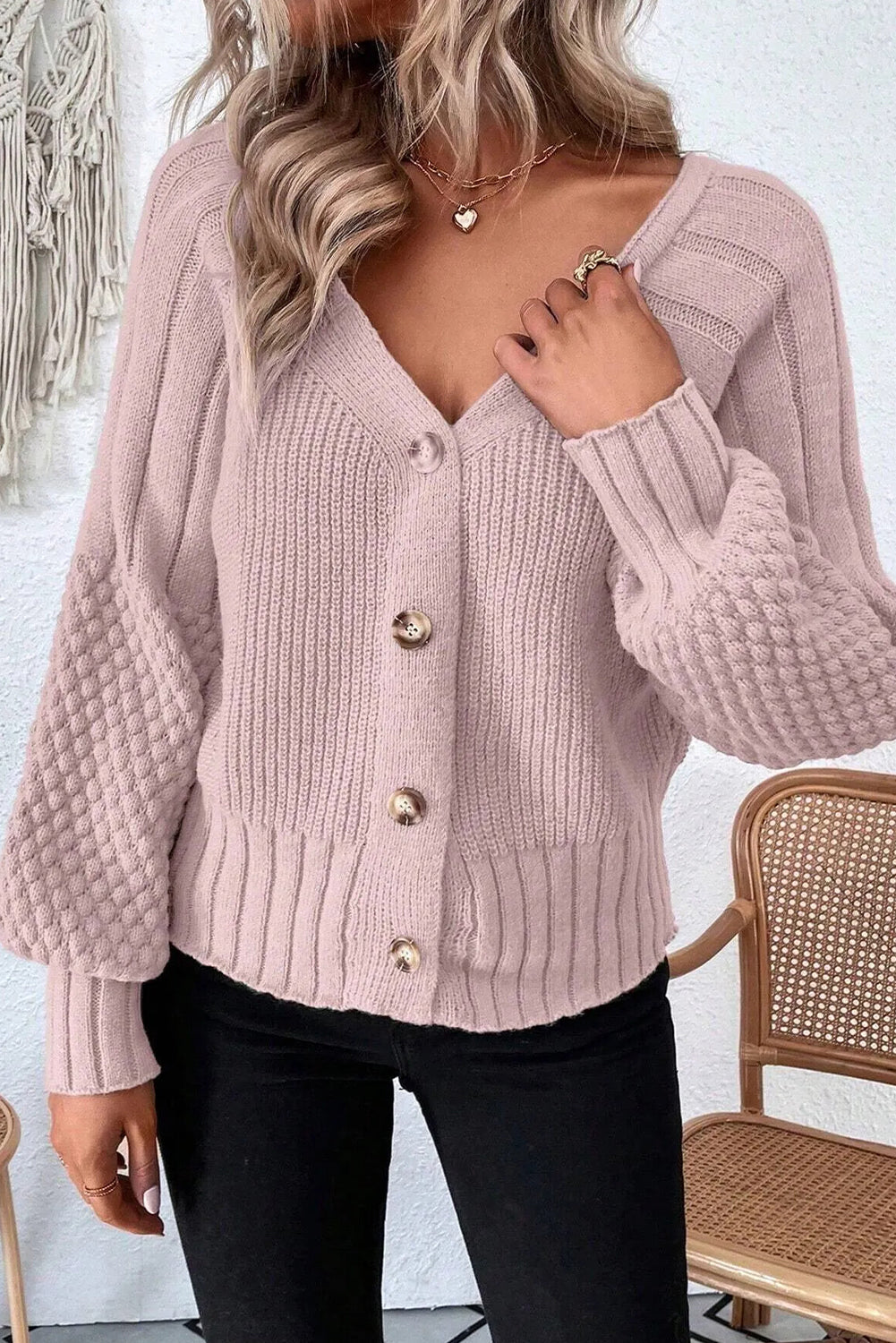 Light Pink Mixed Texture Knit Button V Neck Sweater Cardigan