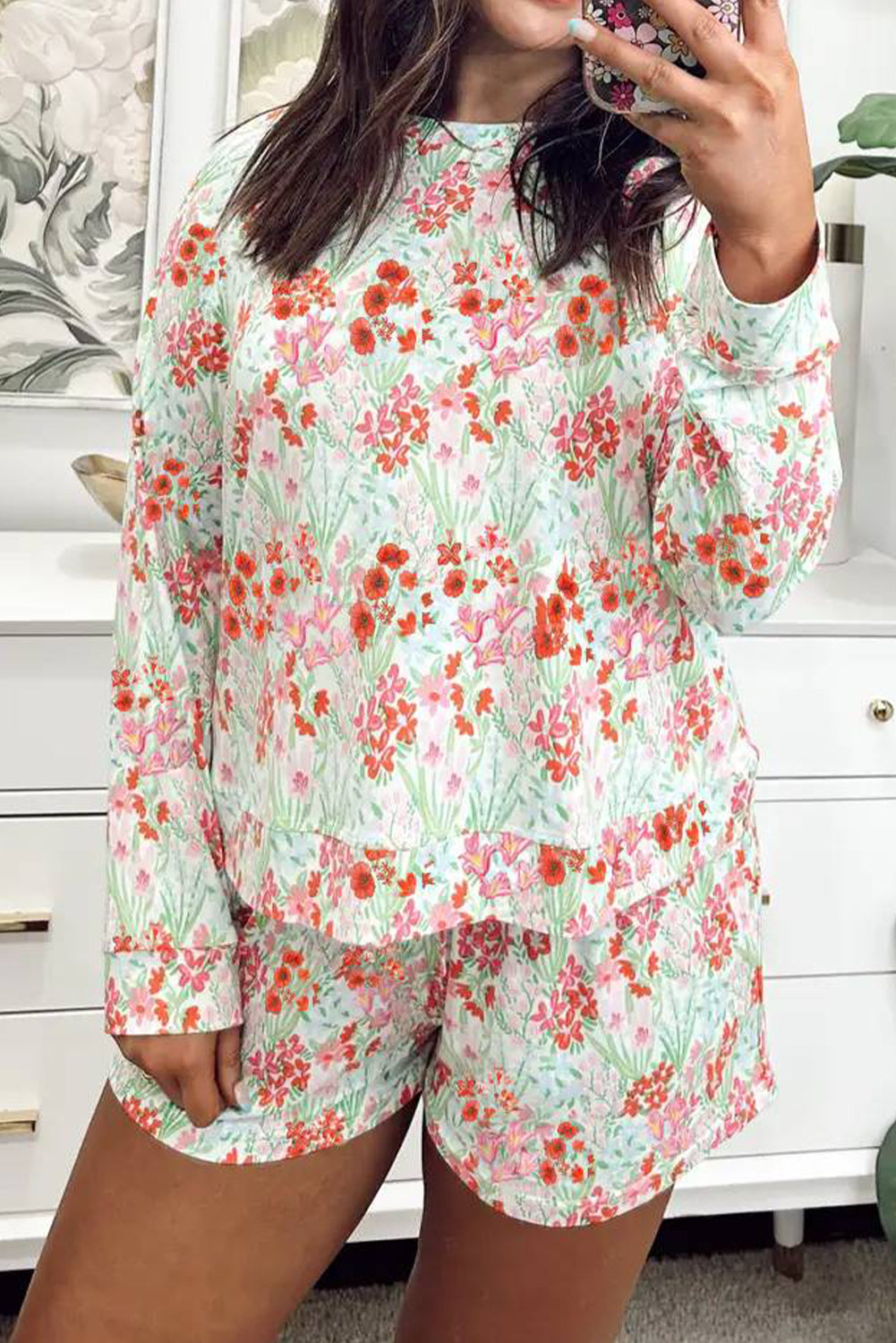 White Floral Print Long Sleeve Top Lounge Shorts 2pcs Set