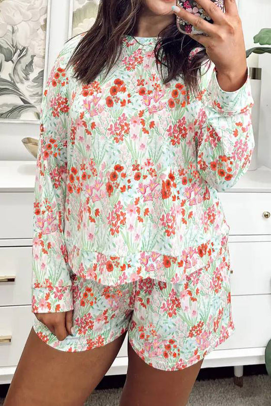 White Floral Print Long Sleeve Top Lounge Shorts 2pcs Set