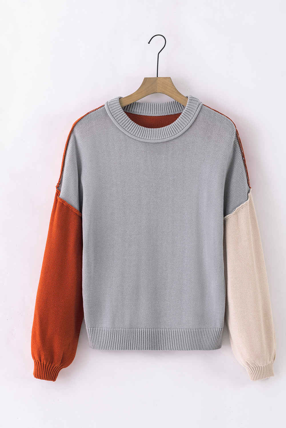 Elegant Grey Patchwork Bishop Sleeve Knit Sweater